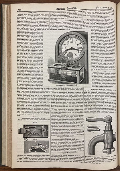 “A New Motor,” article with wood-engraving about Enrico Bernardi’s heat engine of 1872, Scientific American, vol. 31, p. 150, Sep. 5, 1874 (Linda Hall Library)