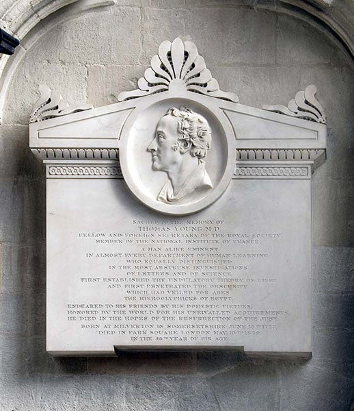 Plaque in Westminster Abbey honoring Thomas Young, with a text written by his life-long friend, Hudson Gurney (Westminster-abbey.org)