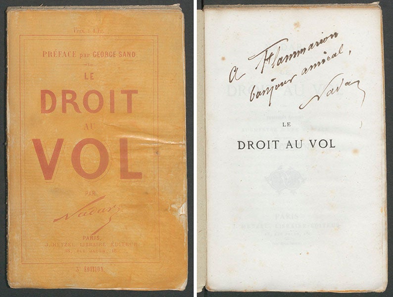 Front cover, and half-title with presentation inscription, Le droit au vol, by Nadar, [1865] (Linda Hall Library)