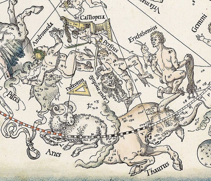 The constellations Cassiopeia, Andromeda, Perseus, Erichthonius (Auriga), Aries, and Taurus, detail (inverted) from Imagines Coeli Septentrionales (northern celestial hemisphere), woodcut by Albrecht Dürer et al., 1515, offered and sold by Daniel Crouch Rare Books (crouchrarebooks.com)