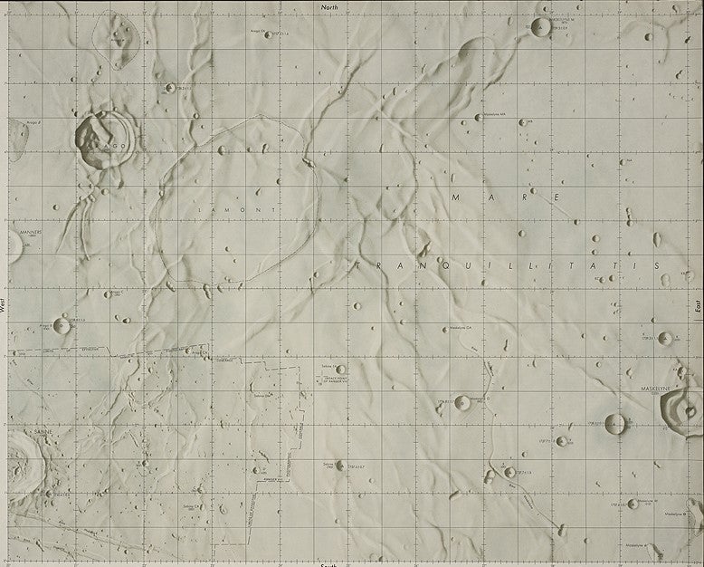 The illustration is a detail of the lower left quarter of the chart, and the limit of coverage of the Ranger VIII photographs is outlined by dashes. The lack of detail outside the boundary is graphic evidence of the limitations of even the best earth-based photographs. Tranquility Base was established just to the left of the letter "O" in the phrase "Limits Of Effective" at bottom right. 