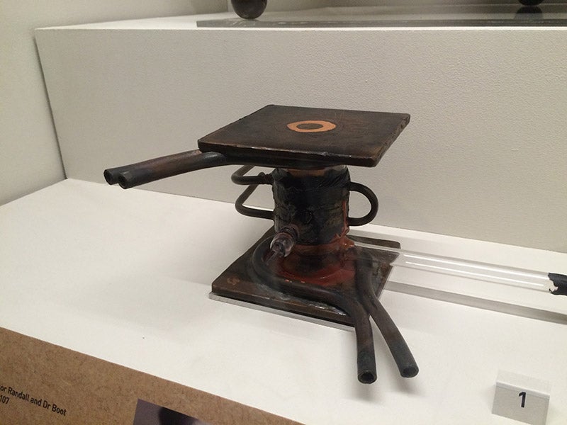 An original cavity magnetron of 1940; it would be surrounded by a large electromagnet to focus the microwaves (Wikimedia commons)