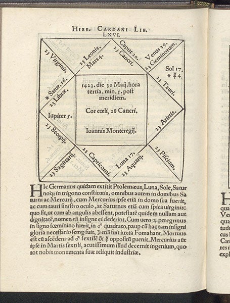 Geniture (natal horoscope) for Johannes Regiomontanus, in Girolamo Cardano, Libelli duo, no. 66, 1543 (Linda Hall Library)