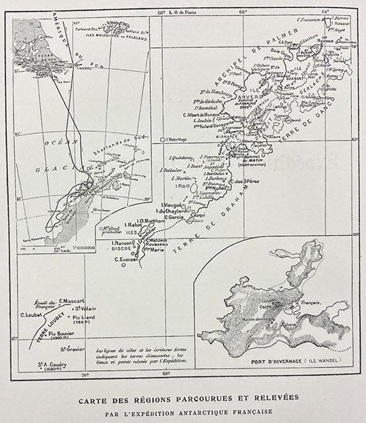 Map and enlarged map of itinerary of the first French expedition to Antarctica, 1903-05, which explored the islands off the west coast of the Antarctic Peninsula; the southern tip of South America is at the top; frontispiece to vol. 10 of Expédition antarctique française (1903-1905), by Jean-Baptiste Charcot, 18 vol., 1906-09 (Linda Hall Library)