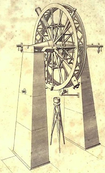 The Groombridge transit circle, built by Edward Troughton, engraving, possibly from Groombridge’s <i>A Catalogue of Circumpolar Stars</i>, 1838 (Wikimedia commons)