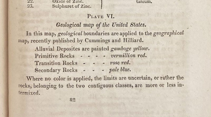 “Explanation” for plate 6, where Cleaveland explains the coloring of his geological map, including assigning the color “gamboge yellow” to alluvial deposits, An Elementary Treatise on Mineralogy and Geology, by Parker Cleaveland, p. 649, 1816 (Linda Hall Library)