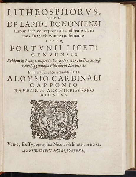 Title page, Litheosphorus, sive, De lapide Bononiensi, by Fortunio Liceti, 1640 (Linda Hall Library) 