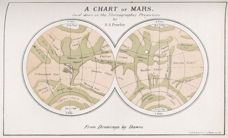Map of Mars, 1867, made by Richard A. Proctor after drawings by William Rutter Dawes, in Other Worlds than Ours, by Richard A. Proctor, 5th ed, 1882 (Linda Hall Library)