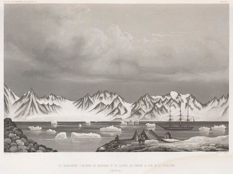 View of the glaciers and mountains near Madelaine Bay, Spitzbergen, aquatint, from Joseph-Paul Gaimard, <i>Voyages … en Scandinavie, en Laponie, au Spitzberg et aux Feröe</i>, 1840-55<i>Atlas geologique</i>  (Linda Hall Library)