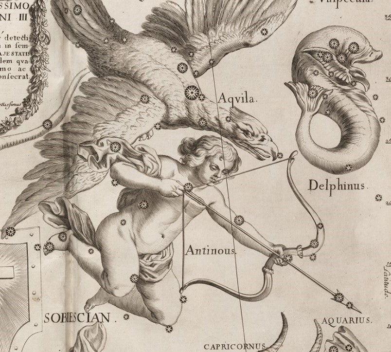 Aquila and Antinous. Image source: Hevelius, Johannes. Firmamentum Sobiescianum sive Uranographia. Gdansk: typis J.-Z. Stollii, 1690.
