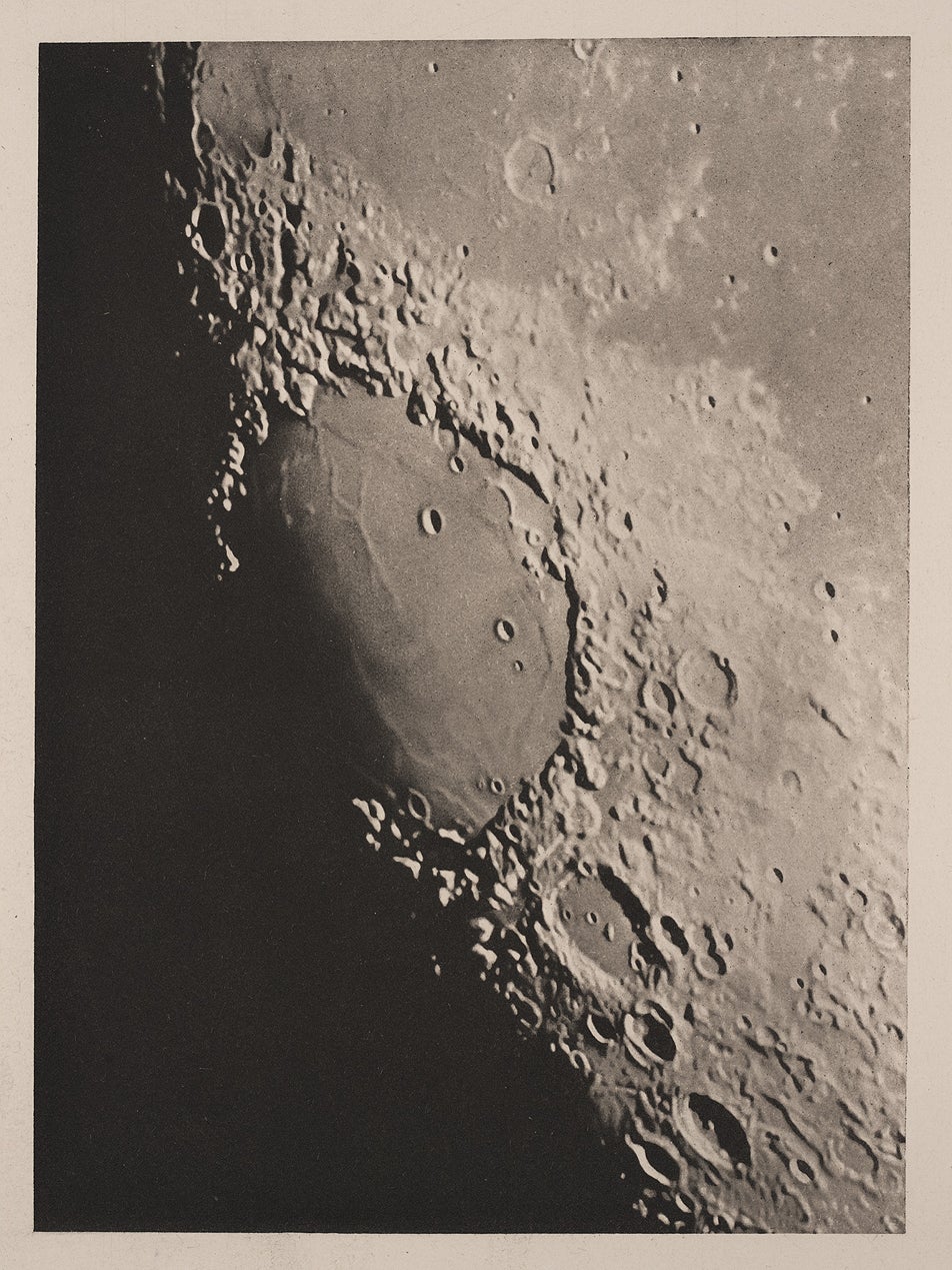 This drawing of Mare Crisium (Sea of Crises) was based on a negative taken at the Lick Observatory August 23, 1888. Weinek began with a faint positive enlargement on special paper, and then spent 35 hours highlighting with watercolors. The resulting drawing contains slightly more detail than the direct positive print, and is much more pleasing to the eye. 
