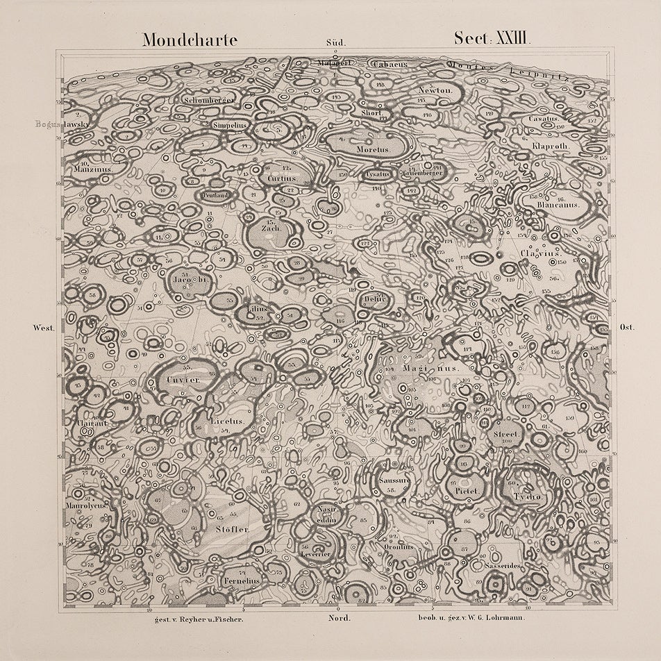 Schmidt did depart from Lohrmann in the nomenclature used on the map. Many additional features had been named in the fifty years since Lohrmann worked, by Mädler, Schmidt, and Birt, and Schmidt thought it proper to incorporate these changes. Thus in the illustration of the Clavius/Tycho region, the crater names of Deluc, Pictet, and Saussure--all introduced by Mädler--were added by Schmidt.