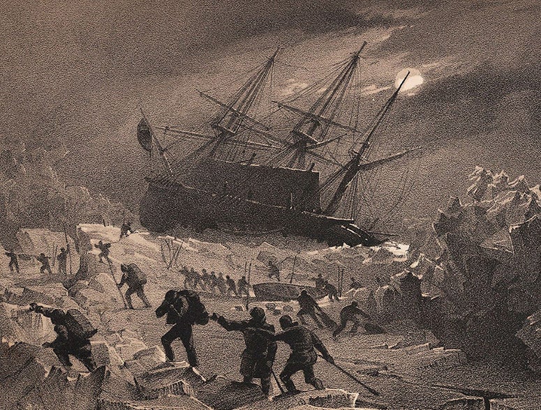 “The crew of H.M.S. Terror saving the boats and provisions on the night of 14th March [1837]”, detail of a lithograph based on a drawing by William Smyth, in Narrative of an Expedition in H.M.S. Terror … in the years 1836-7, by George Back, 1838 (Linda Hall Library)