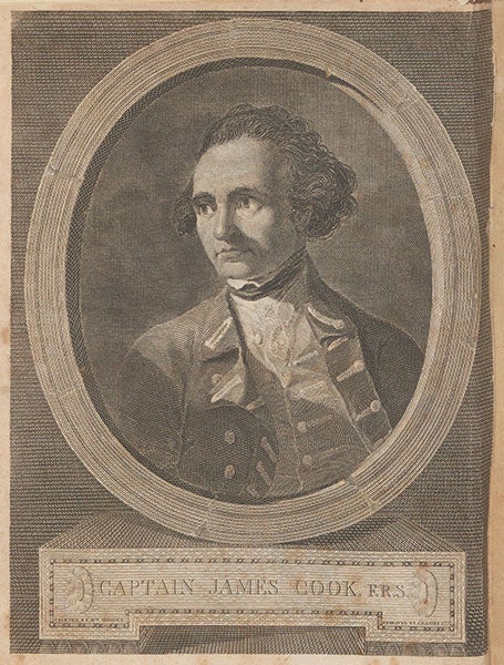 Portrait of James Cook, engraved frontispiece after William Hodges, in A Voyage towards the South Pole and Round the World, by James Cook, vol. 1, 4th ed., 1784 (Linda Hall Library)
