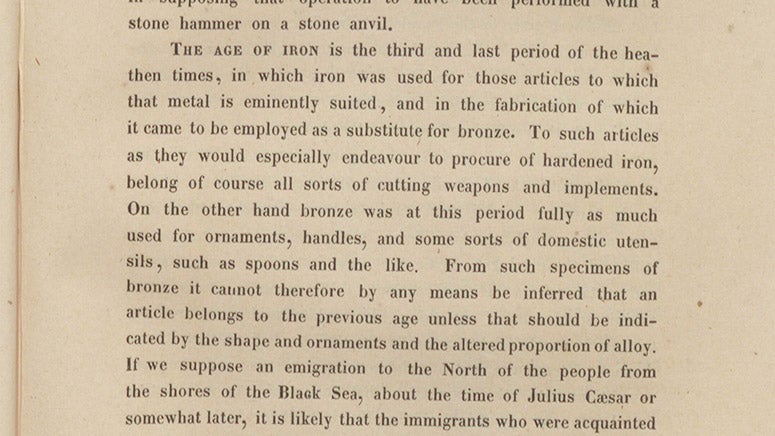Beginnings of the sections on the Stone Age, Bronze Age, and Iron Age, from Guide to Northern Archaeology, including a translation of Christian Thomsen’s Ledetraad, by Francis Egerton, Earl of Ellesmere, 1848 (Linda Hall Library)