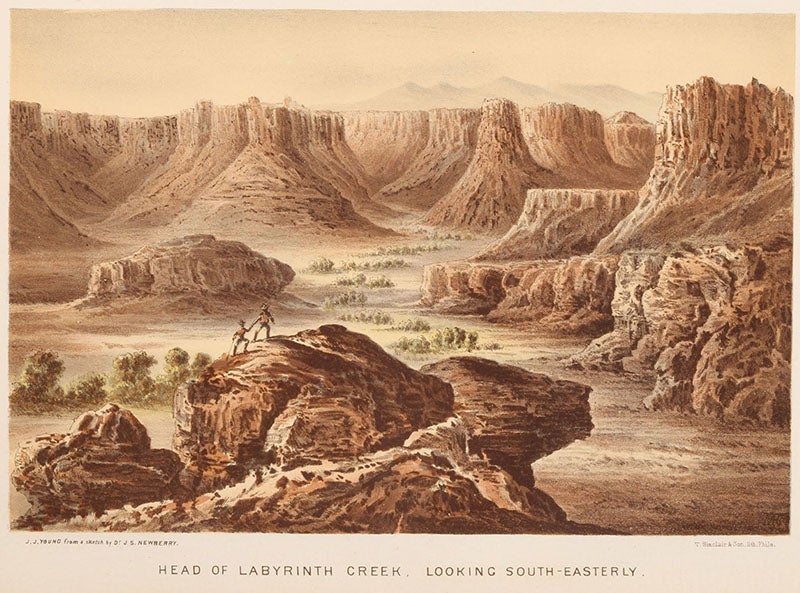 Labyrinth Canyon, near the junction of the Grand and Green Rivers, Colorado Territory, chromolithograph in  Report of the Exploring Expedition from Santa Fe, New Mexico, to the Junction of the Grand and Green Rivers …, John N. Macomb, 1876 (Linda Hall Library)