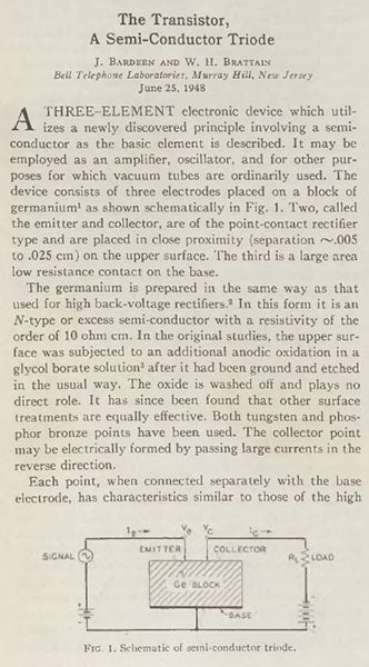 The transistor’s first appearance in a scientific article, “The Transistor, A Semi-Conductor Triode,” by J. Bardeen and W.H. Brattain, Physical Review 74, no. 2 (Jul. 15, 1948) (Linda Hall Library)