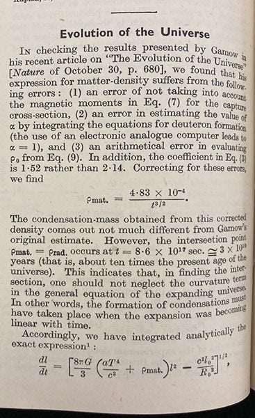 First paragraph of “Evolution of the Universe,” by Ralph A. Alpher and Robert Herman, where several errors of Gamow are corrected, Nature, vol. 162, Nov. 13, 1948 (Linda Hall Library)