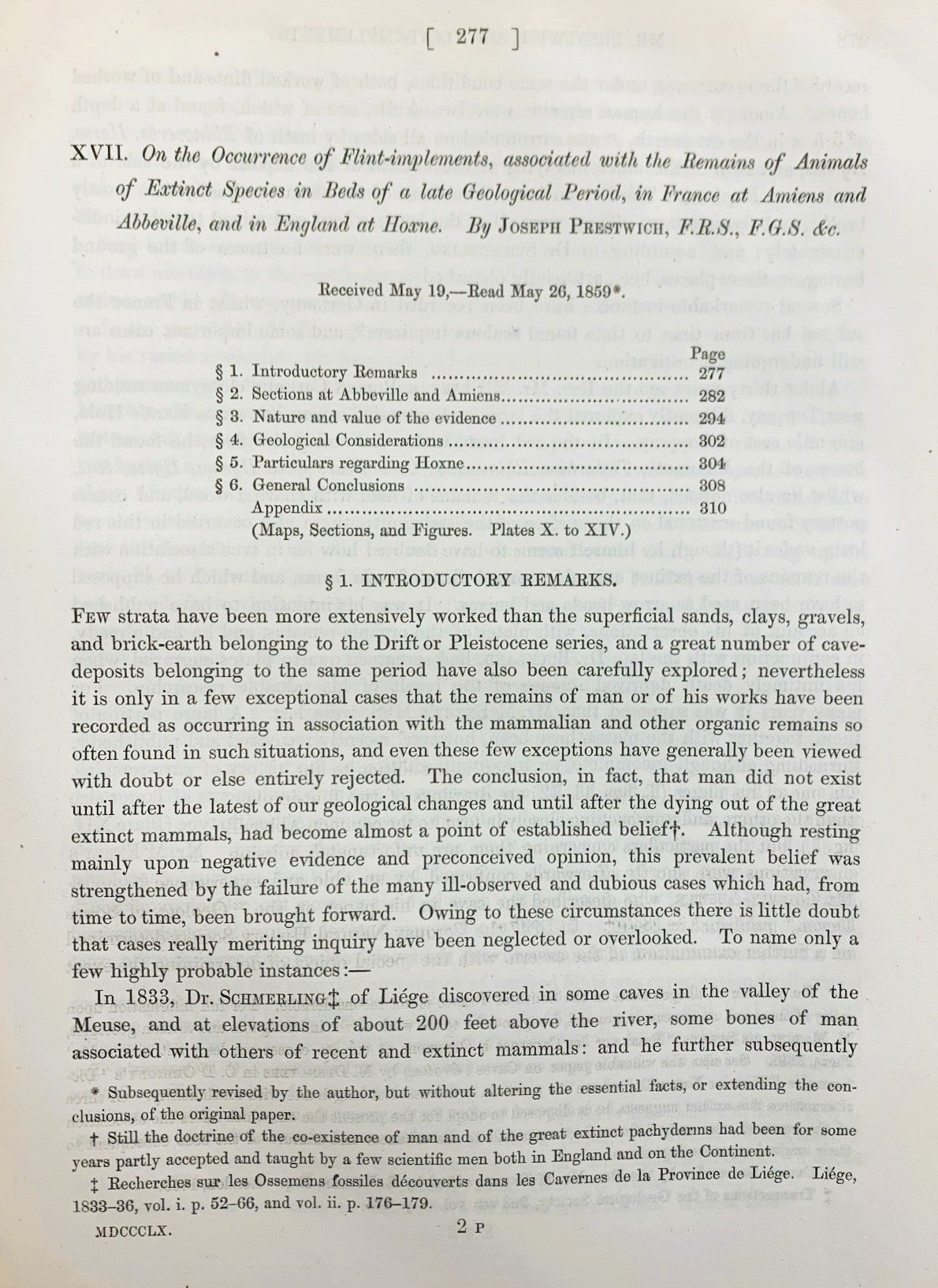Prestwich’s Royal Society paper. Image source: Prestwich, Joseph. “On the Occurrence of Flint Implements.” Philosophical Transactions of the Royal Society of London, vol. 150, 1860, p. 277.