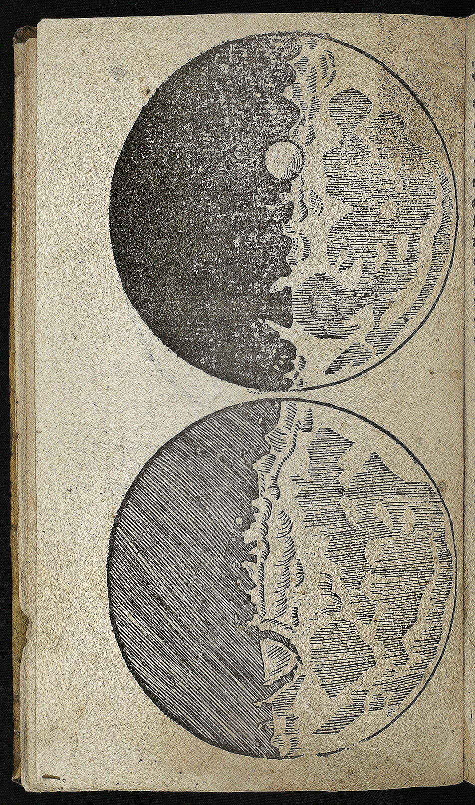 In the original edition, this page had two lunar engravings: the upper one showed the moon just before third quarter, and the lower one recorded the moon a day later. Here we have two woodcut copies of those engravings, but the order has been reversed, and both woodcuts have been printed upside down, so that the large crater is now at the top and Mare Imbrium is at the bottom.