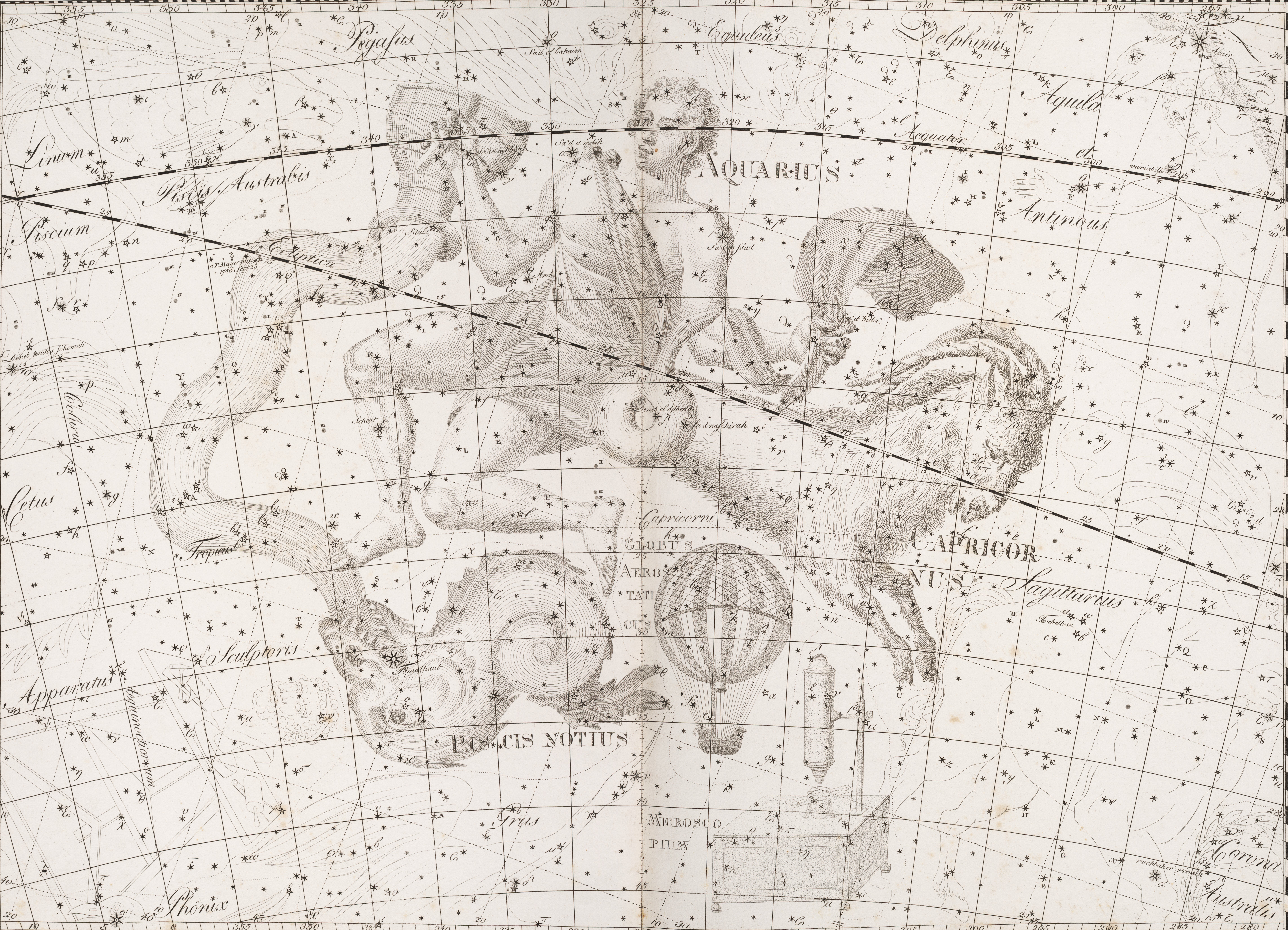 Aquarius and Capricorn. Image source: Bode, Johann Elert. Uranographia. Berlin: apud Autorim, 1801, pl. 16.