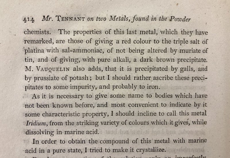 The naming of iridium, by Smithson Tennant, Philosophical Transactions of the Royal Society of London, vol. 94, 1804 (Linda Hall Library)