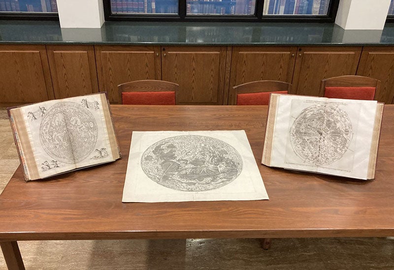 "Carte de la lune de Jean Dominique Cassini," drawn by Jean Patigny, 1787 imprint of 1679 engraving, flanked by the nomenclature maps of Johannes Hevelius, 1647 (left), and Giambattista Riccioli, 1651 (right) (Linda Hall Library)