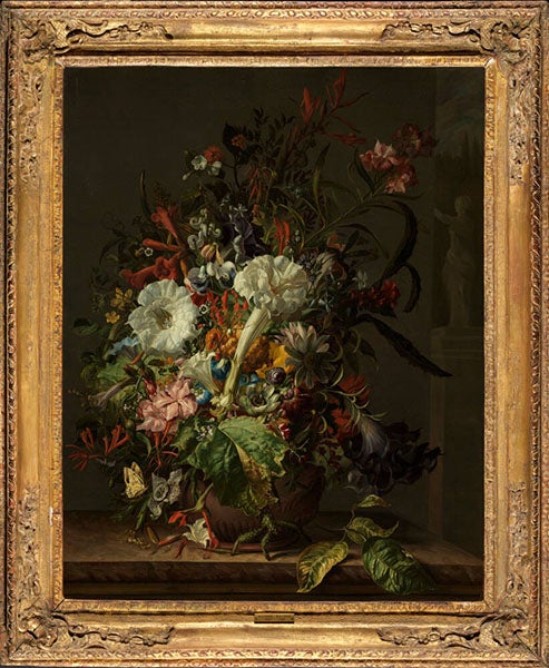 Still Life of Exotic Flowers on a Marble Ledge, by Rachel Ruysch, 1735, Nelson Atkins Museum of Art, Kansas City (art.nelson-atkins.org)