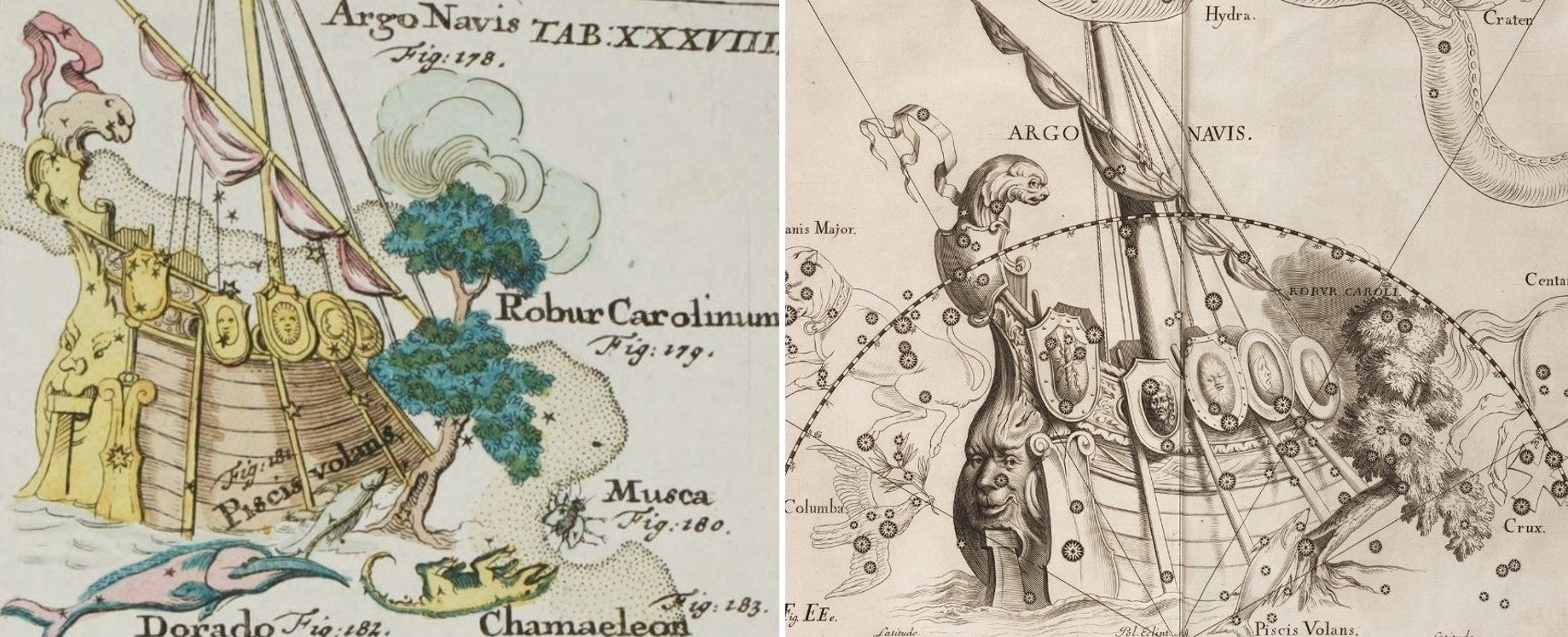 L: Argo region. Image source: Rost, Johann Leonhard. Atlas portatilis coelestis. Nuremberg: Johann Christoph Weigel, 1723, pl. 38. View Source »

R: Argo region. Image source: Hevelius, Johannes. Firmamentum Sobiescianum sive Uranographia. Gdansk: typis J.-Z. Stollii, 1690. View Source »