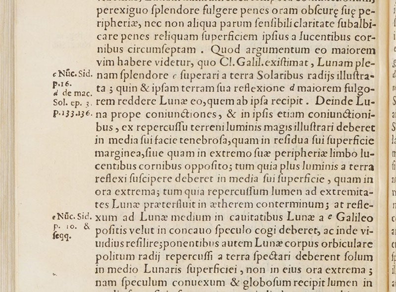 Detail of a page citing Galileo’s Sidereus nuncius and its discussion of earthshine, Litheosphorus, sive, De lapide Bononiensi, by Fortunio Liceti, 1640 (Linda Hall Library) 