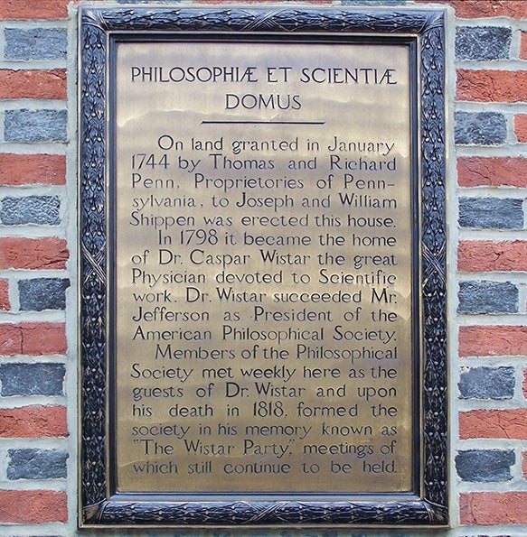 Historical plaque on Caspar Wistar’s house, 238 S. Fourth St., Philadelphia (hmdb.org)