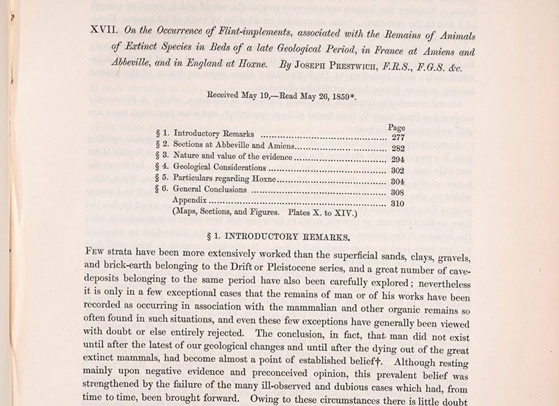 Title and opening paragraph of Joseph Prestwich’s paper on flint tools found at Amiens, Abbeville, and Hoxne, Philosophical Transactions of the Royal Society of London, vol. 150, 1860 (Linda Hall Library)