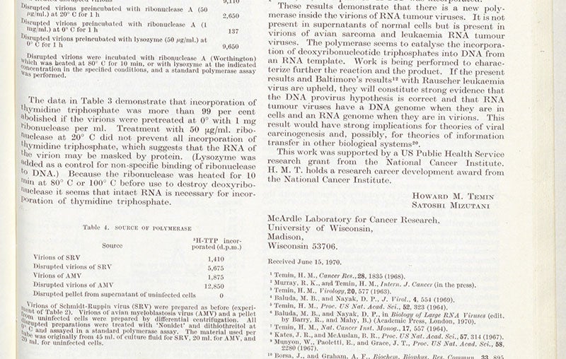 End of the article, "RNA-dependent DNA polymerase in virions of Rous sarcoma virus", by Howard M. Temin and Satoshi Mizutani, Nature, vol. 226, p. 1213, 1970 (Linda Hall Library)