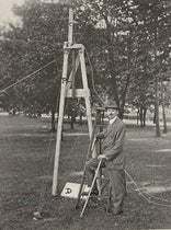 Robert Goddard with a rocket of his own design and construction, photograph, “A Method of Reaching Extreme Altitudes,” by Robert H. Goddard, Smithsonian Miscellaneous Collections, plate 6, fig. 1, vol. 71, no. 2, 1919 (The Linda Hall)