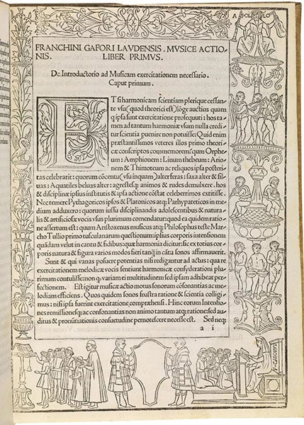 First page with woodcut border, Practica musicae, by Franchino Gaffurio, 1496, sold by Pandolfini auction house, Dec. 16-17, 2019 (pandolfini.it/uk)