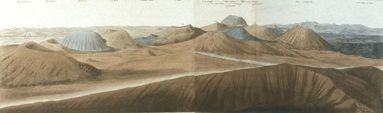 Transversal view of the domes from the summit of the Puy Chopine. Image source: Scrope, George Poulett. Memoir on the Geology of Central France: Including the Volcanic Formations of Auvergne, the Velay, and the Vivarais. London: Printed for Longman, Rees, Orme, Brown, and Green, 1827, pl. 4.