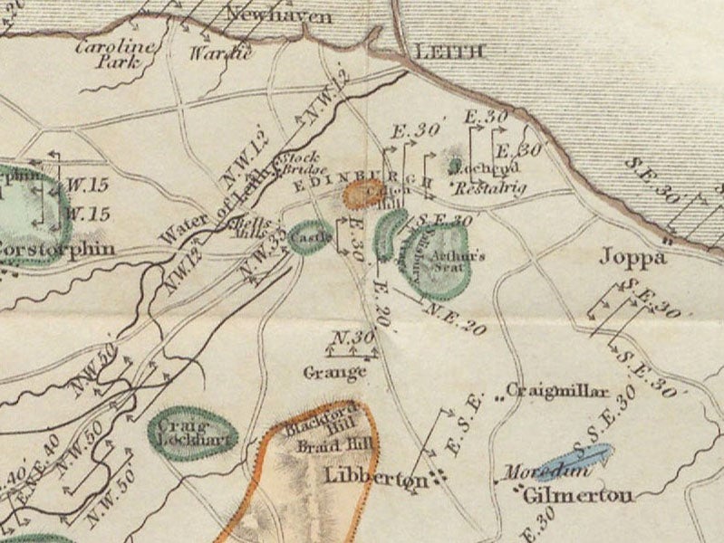 The area around Edinburgh, including Arthur’s Seat and the Salisbury Craigs, detail of ninth image, “Geological map of the Lothians,” Essay on the Geology of the Lothians, by Robert J. Hay Cunningham, 1838 (Linda Hall Library)