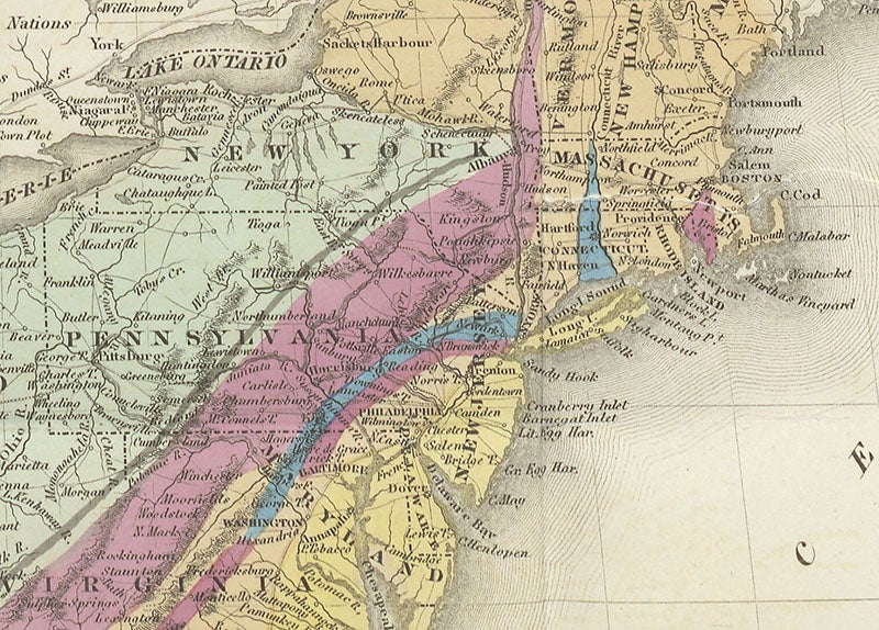 Geological map of the area from Philadelphia up through New England, detail of a larger map by William Maclure, hand-colored engraved frontispiece in his Observations on the Geology of the United States of America, 1817 (Linda Hall Library)