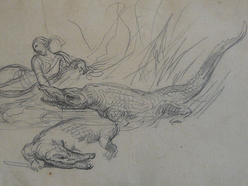 Sketch of two alligators and a woman being bitten, charcoal by Eugène Delacroix, 1829, in the Louvre (artaupresent on pinterest)