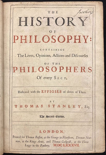 Title page, A History of Philosophy, by Thomas Stanley, 2nd ed., 1687 (The Linda Hall)