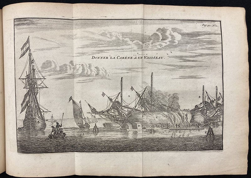 Careening a ship, engraving, L'art de batir les vaisseaux, by Nicolaas Witsen et al, p. 92, 1719 (Linda Hall Library)