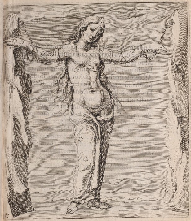 Andromeda by Jacobus De Gheyn. Image source: Aratus, Solensis. Hug. Grotii Syntagma Arateorum. Leiden: Ex Officinâ Plantinianâ, 1600, p. 31.