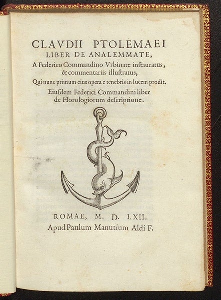 Title page, Claudii Ptolemaei Liber de analemmate, trans. by Federico Commandino, 1562 (Linda Hall Library)