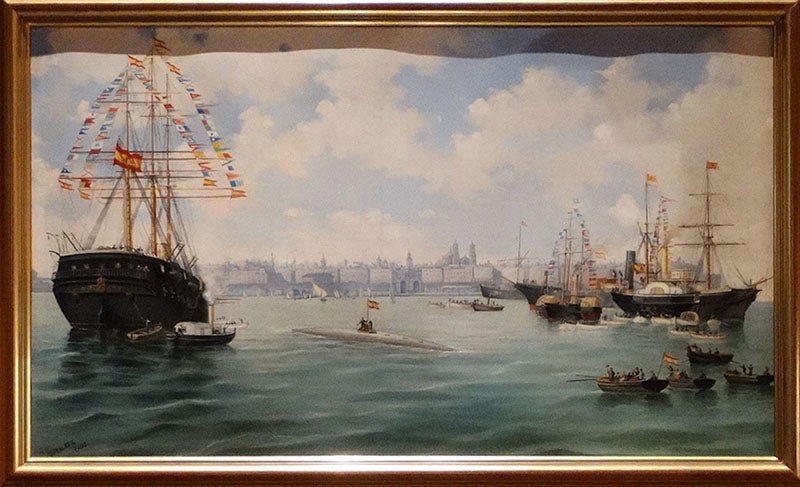 Painting of the launch of the Peral submaine, Sep. 8, 1888, Naval Museum of Madrid (Wikimedia commons)