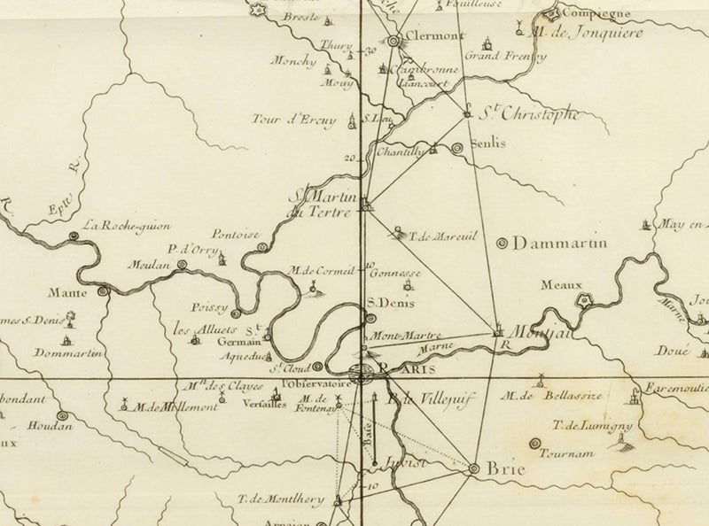 Detail of seventh image, showing triangulations from Paris to Clermont, César-François Cassini de Thury, La meridienne de l'observatoire Royal de Paris, 1744 (Linda Hall Library)