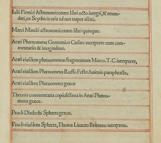Detail of table of contents, showing four entries for the Phenomena of Aratus, in Matheseos Liber, by Firmicus Maternus et al., 1499 (The Linda Hall)