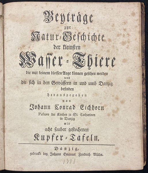 Title page, Beyträge zur Naturgeschichte der kleinsten Wasserthiere, by Johann Conrad Eichhorn, 1781; gift of Ruth Patrick (Linda Hall Library)