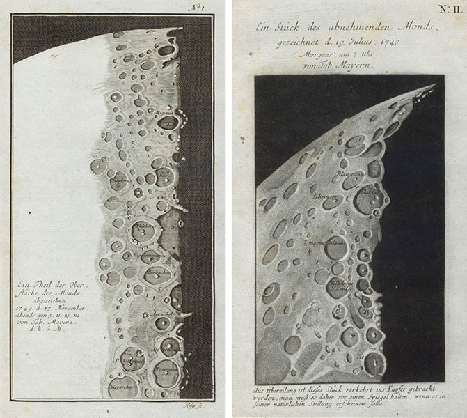 A line engraving <i>(left</i>) and a mezzotint (<i>right</i>) of two different regions of the lunar surface, from Tobias Mayer, <i> Bericht von den Mondskugeln</i>, 1750 (Linda Hall Library)