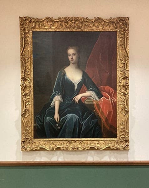 “Lady in a Blue Dress,” oil on canvas, possibly from the workshop of Godfrey Kneller, late-17th-early-18th-century, once attributed to Peter Lely as a portrait of Nell Gwynn, The Linda Hall (The Linda Hall)