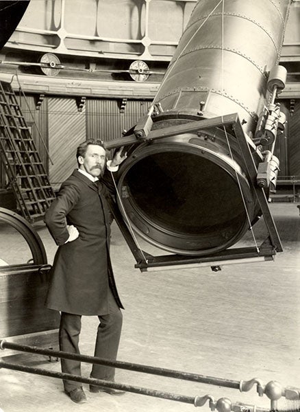 Portrait of John Martin Schaeberle, at the business end of the 36-inch Lick refractor, photograph ca 1892, Lick Observatory archives (digitalcollections.library.ucsc.edu)